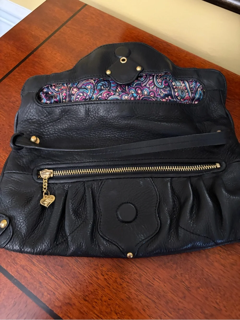OHH! Ashley Black Leather Clutch with Crystal Accent
